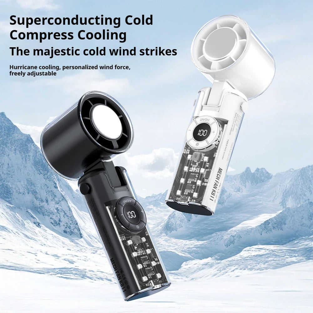 Portable Handheld Cooling Fan Folding Turbos Fan With Atmosphere 100 Speed Digital Display High Wind Ice-colding Summer Outdoor